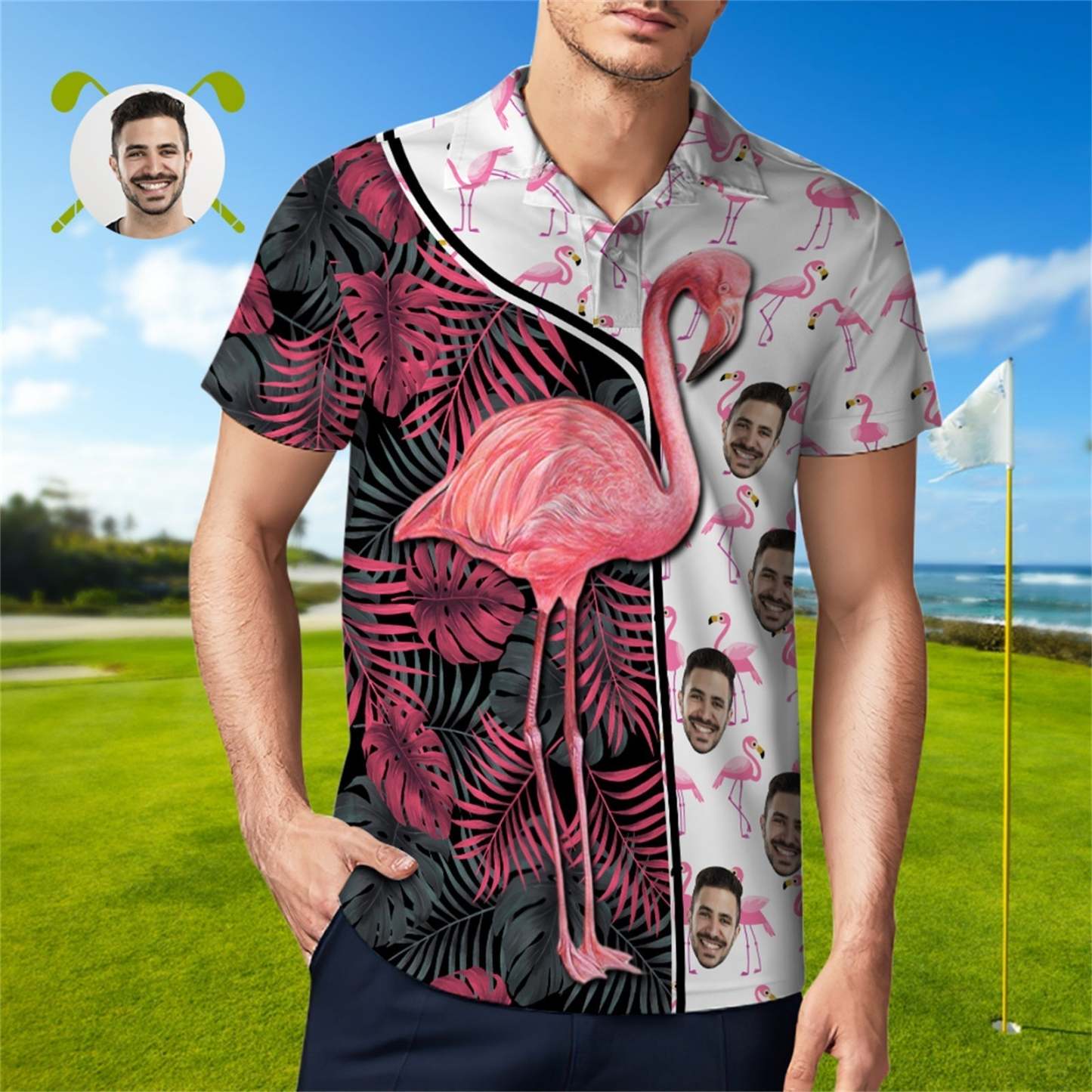 Custom Face Polo Shirt For Men Funny Flamingo Hawaiian Golf Shirts - MyFaceUnderwearAU