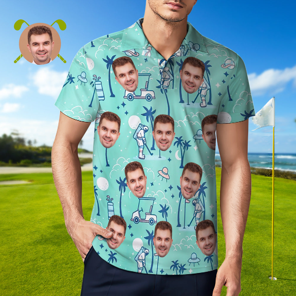 Custom Mens Face Hawaiian Polo Shirt Astronaut Golf Green Polo Shirt