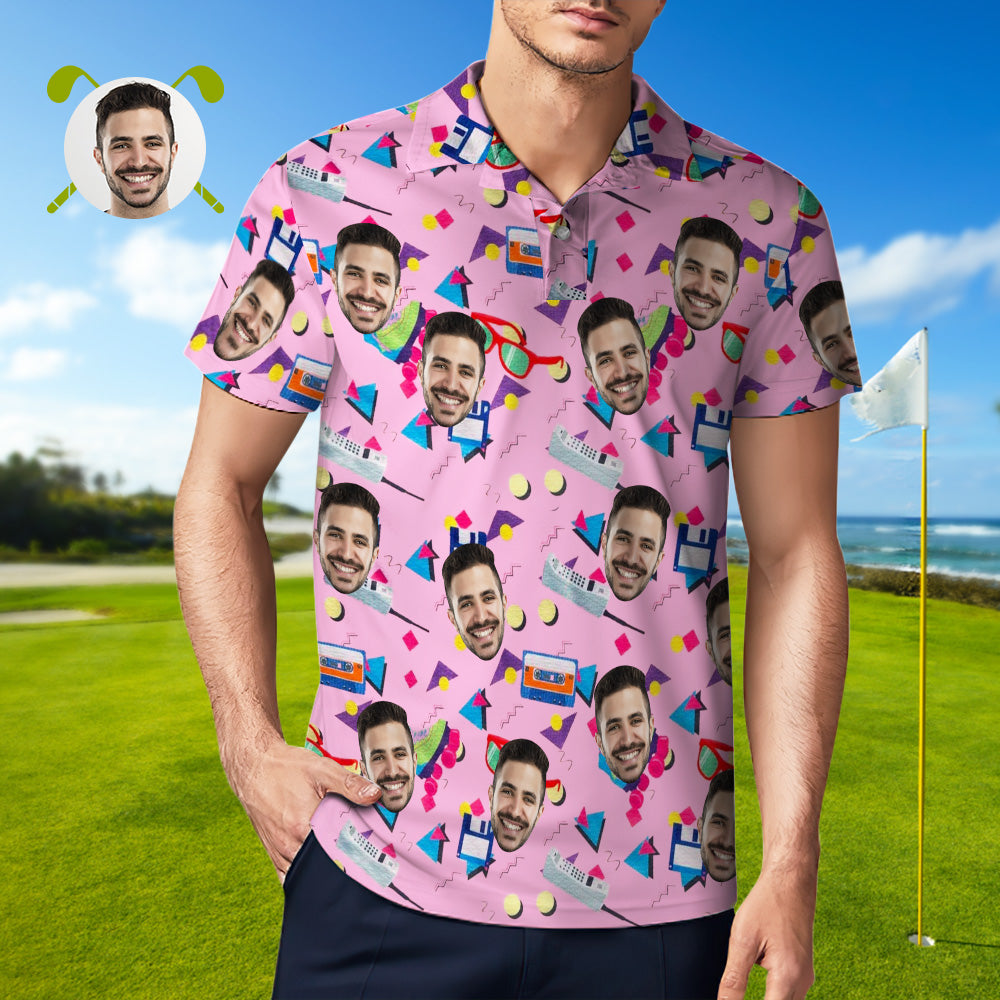 Custom Mens Face Hawaiian Polo Shirt Pink Party Style Polo Shirt
