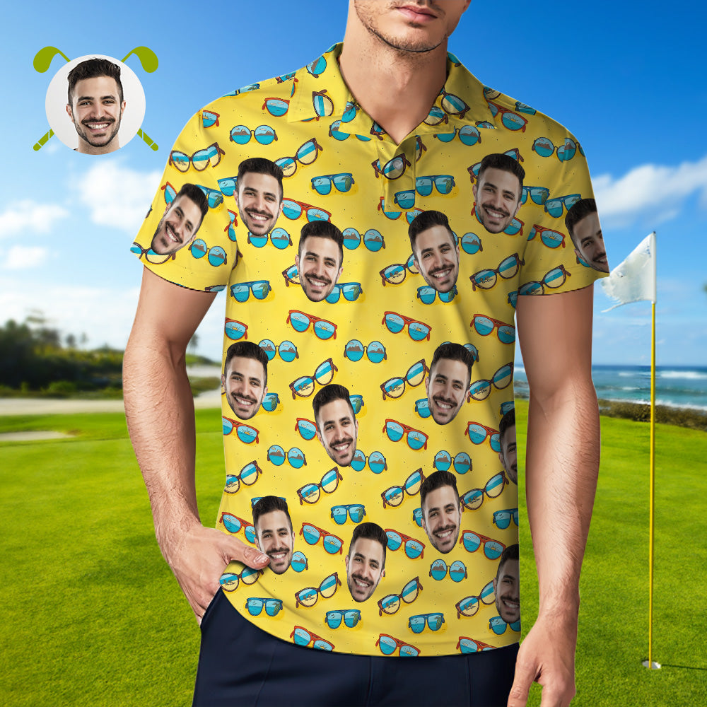 Custom Mens Face Hawaiian Polo Shirt Sunglasses Yellow Polo Shirt