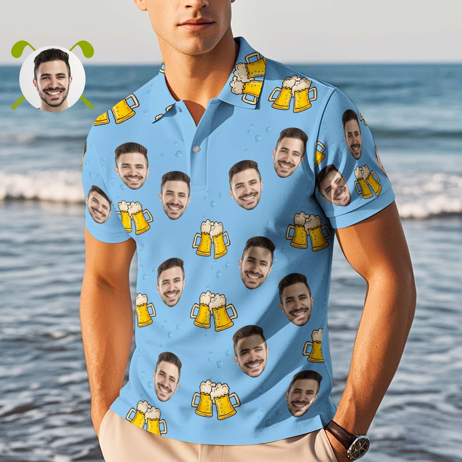 Custom Face Polo Shirt Cheers Beer Blue Polo Shirt