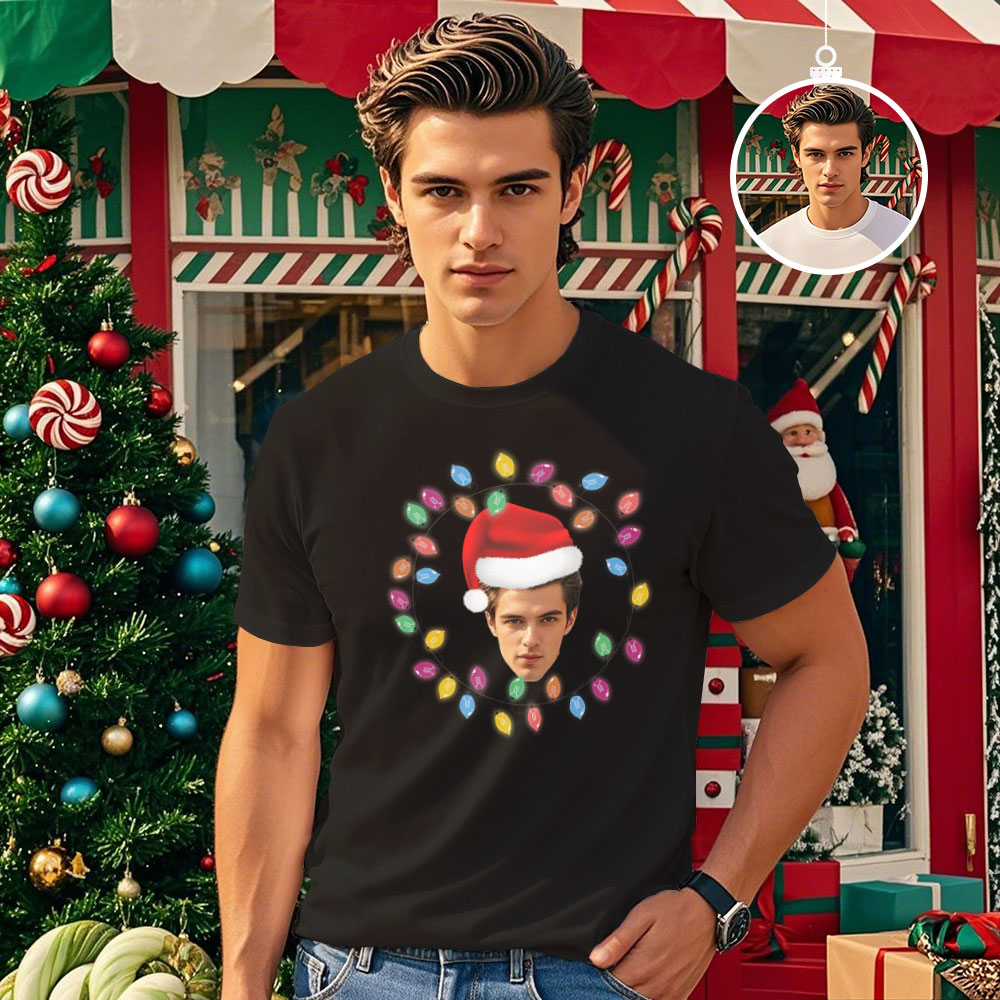 Custom Face T-shirt Santa Colorful Light Tree Tshirt Lights Xmas Funny T-Shirt