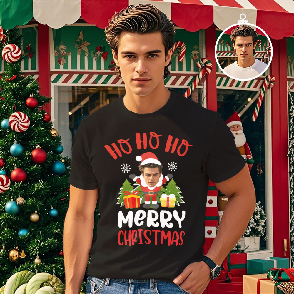 Custom Face T-shirt  Merry Christmas Face Tshirt HoHoHo Funny Face Shirt - MyFaceUnderwearAU