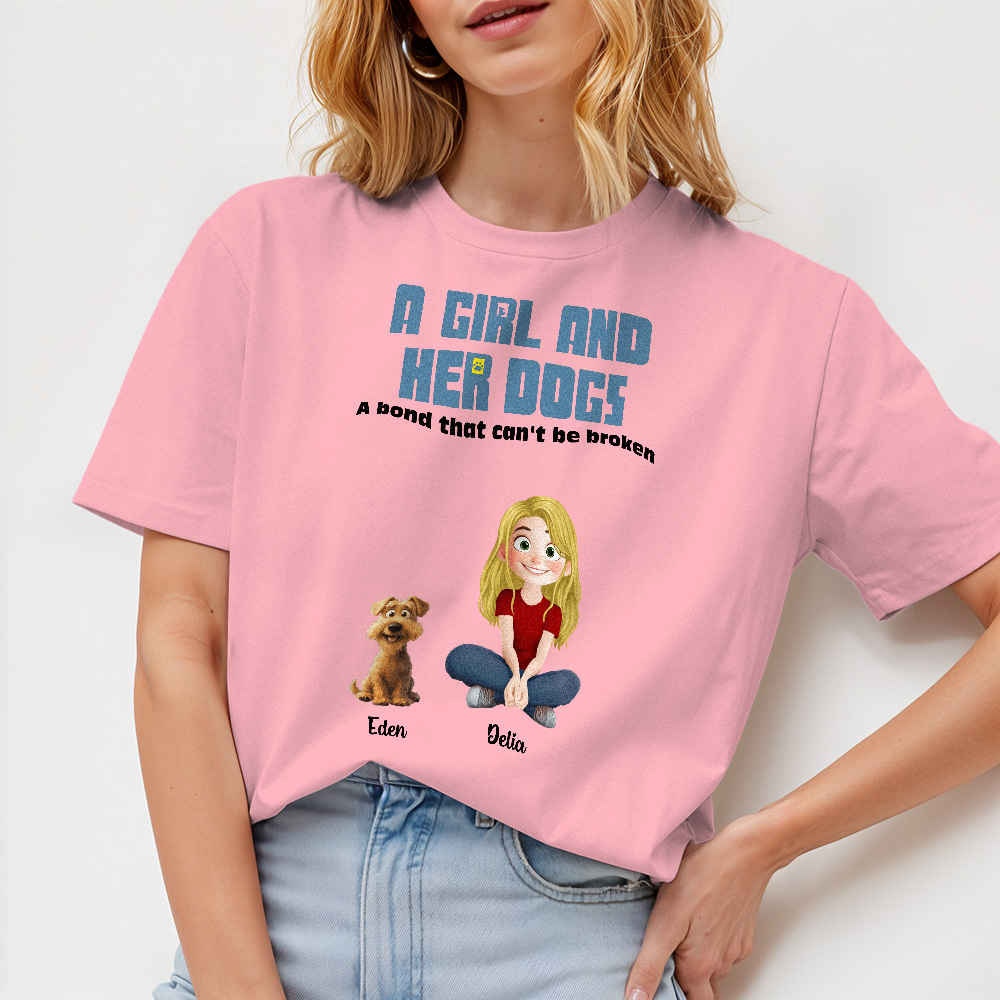 Personalized Cartoon T-shirt Unbreakable Bond With My Dogs Custom Name Shirt Pink Cartoon Shirt - MyFaceUnderwearAU