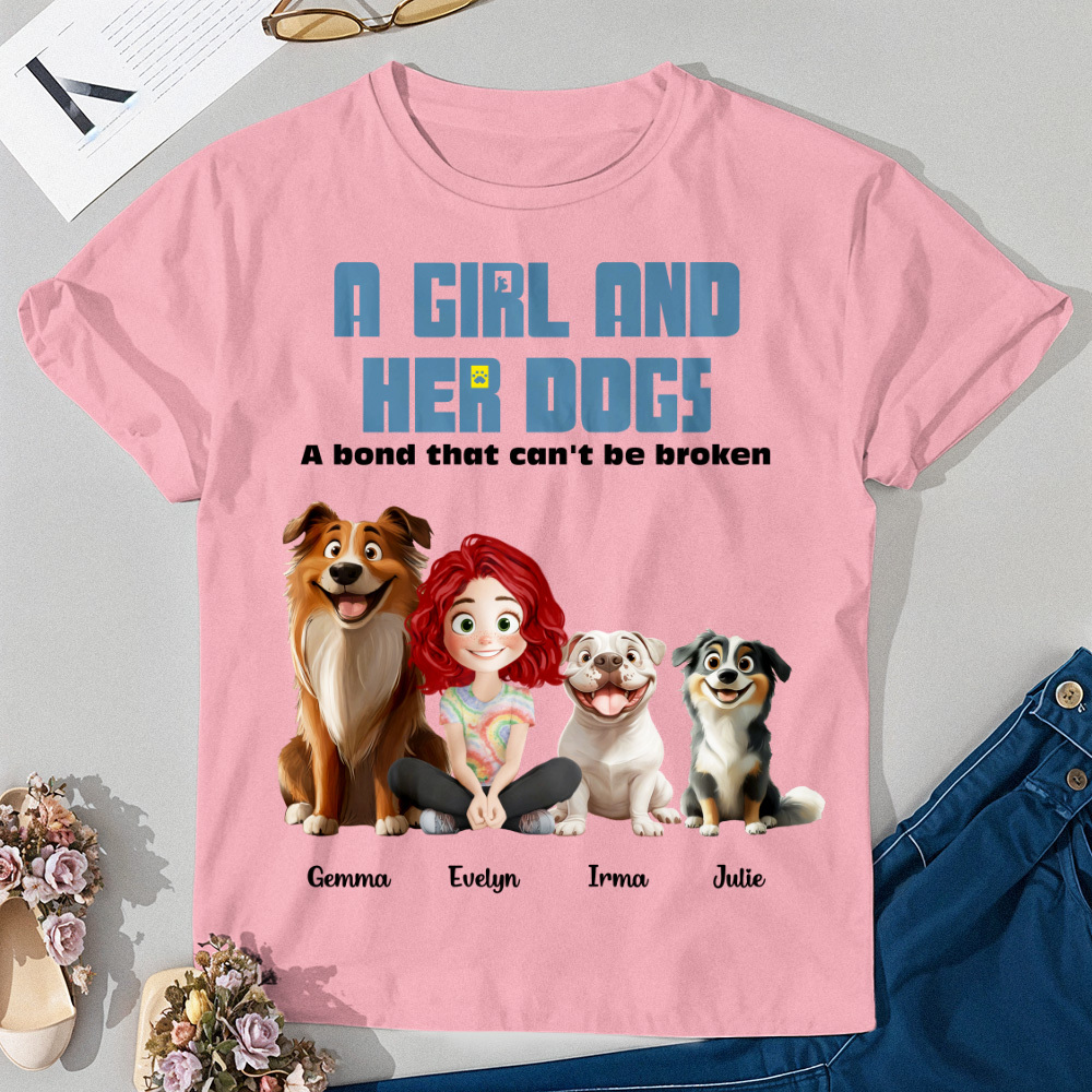 Personalized Cartoon T-shirt Unbreakable Bond With My Dogs Custom Name Shirt Pink Cartoon Shirt - MyFaceUnderwearAU