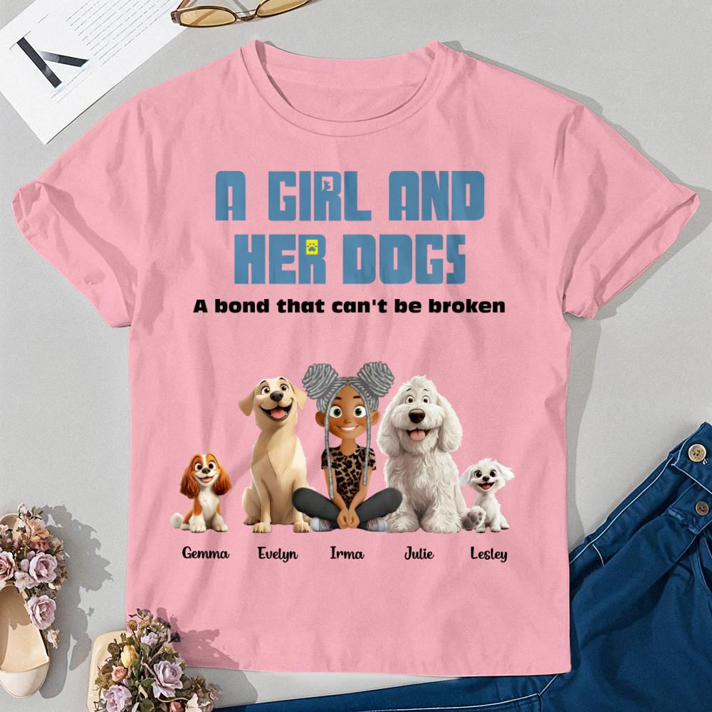 Personalized Cartoon T-shirt Unbreakable Bond With My Dogs Custom Name Shirt Pink Cartoon Shirt - MyFaceUnderwearAU