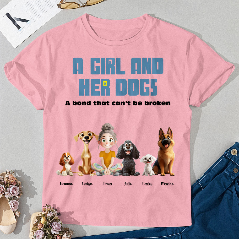 Personalized Cartoon T-shirt Unbreakable Bond With My Dogs Custom Name Shirt Pink Cartoon Shirt - MyFaceUnderwearAU