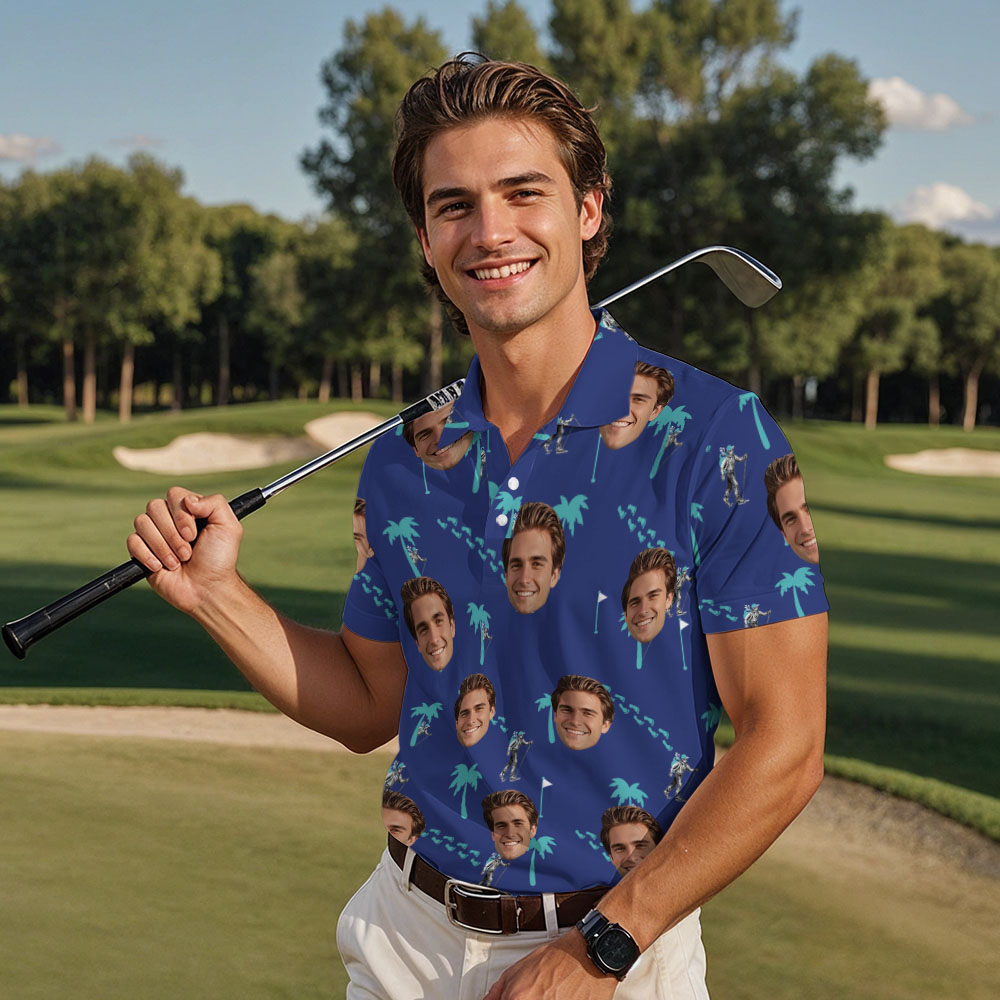 Custom Face Polo Dark Blue Golf Polo Shirt Coconut Tree Men's Polo Shirt
