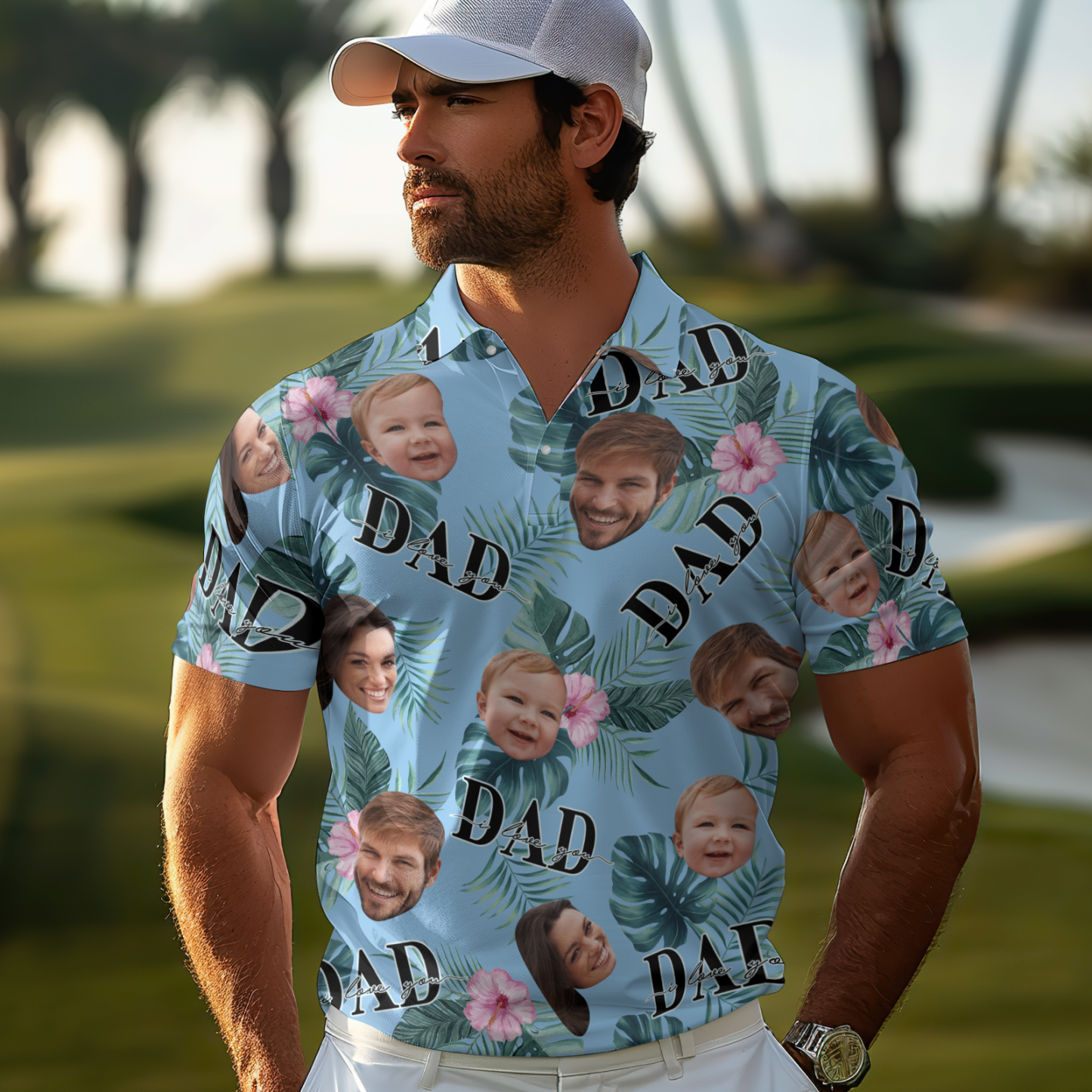 Custom Face Polo Hawaiian Blue Golf Polo Shirt Dad I Love You Men's Polo Shirt Fathers Day Gift - MyFaceUnderwearAU