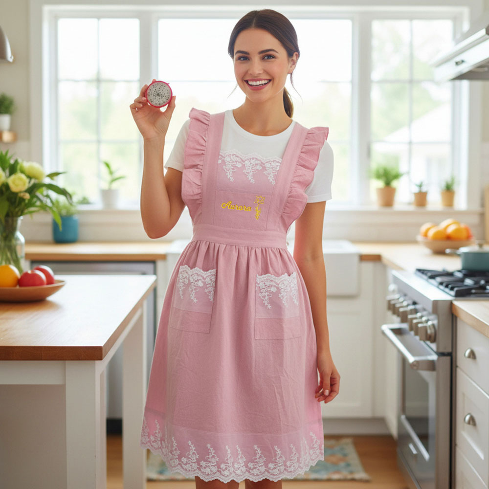 Personalized Floral Embroidered Apron For Women, Cotton Apron with Lace Pockets, Custom Flower Garden Baking Apron, Hostess Mothers Gift