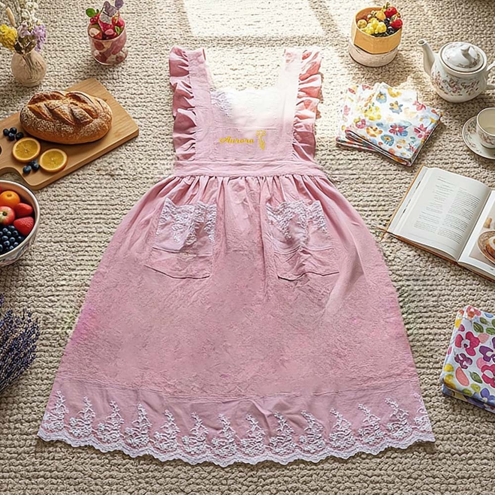 Personalized Floral Embroidered Apron For Women, Cotton Apron with Lace Pockets, Custom Flower Garden Baking Apron, Hostess Mothers Gift