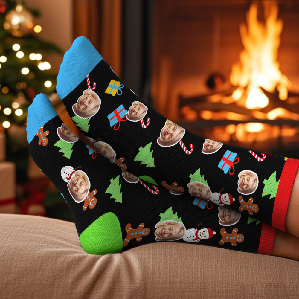 Chrismas Socks Custom Full Face Photo Socks Personalized Funny Custom Design Best Gift Idea for Xmas Multicolor - MyFaceUnderwearAU