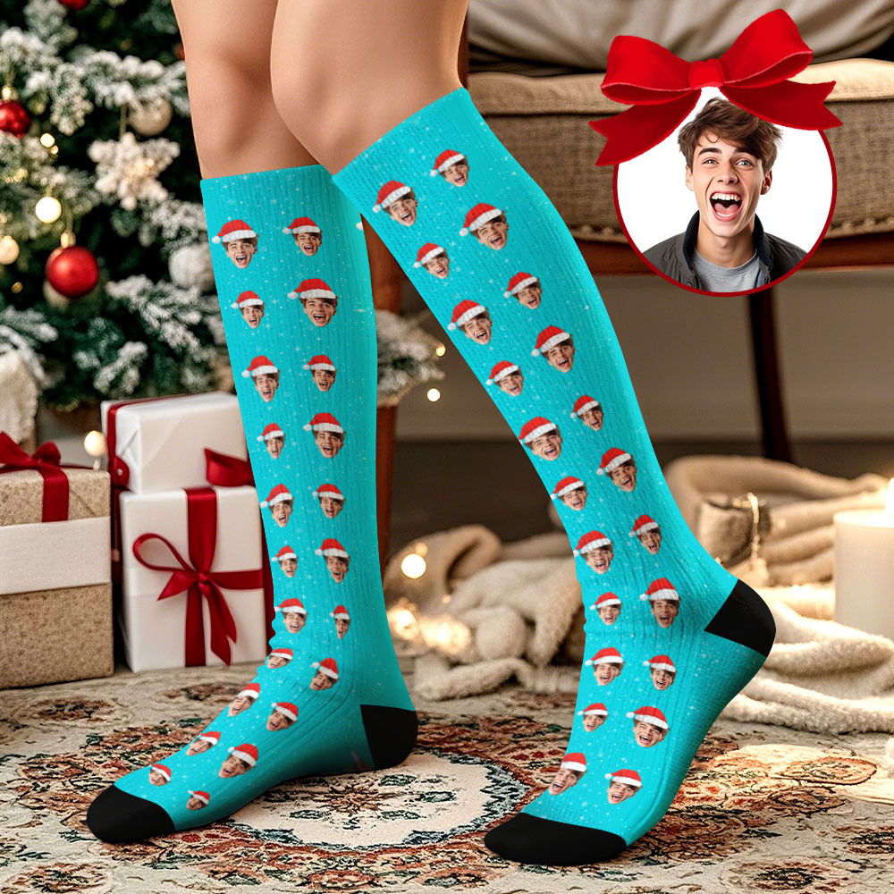 Christmas Gifts Custom Face Knee High Socks Personalized Xmas Socks Merry Christmas Blue - MyFaceUnderwearAU