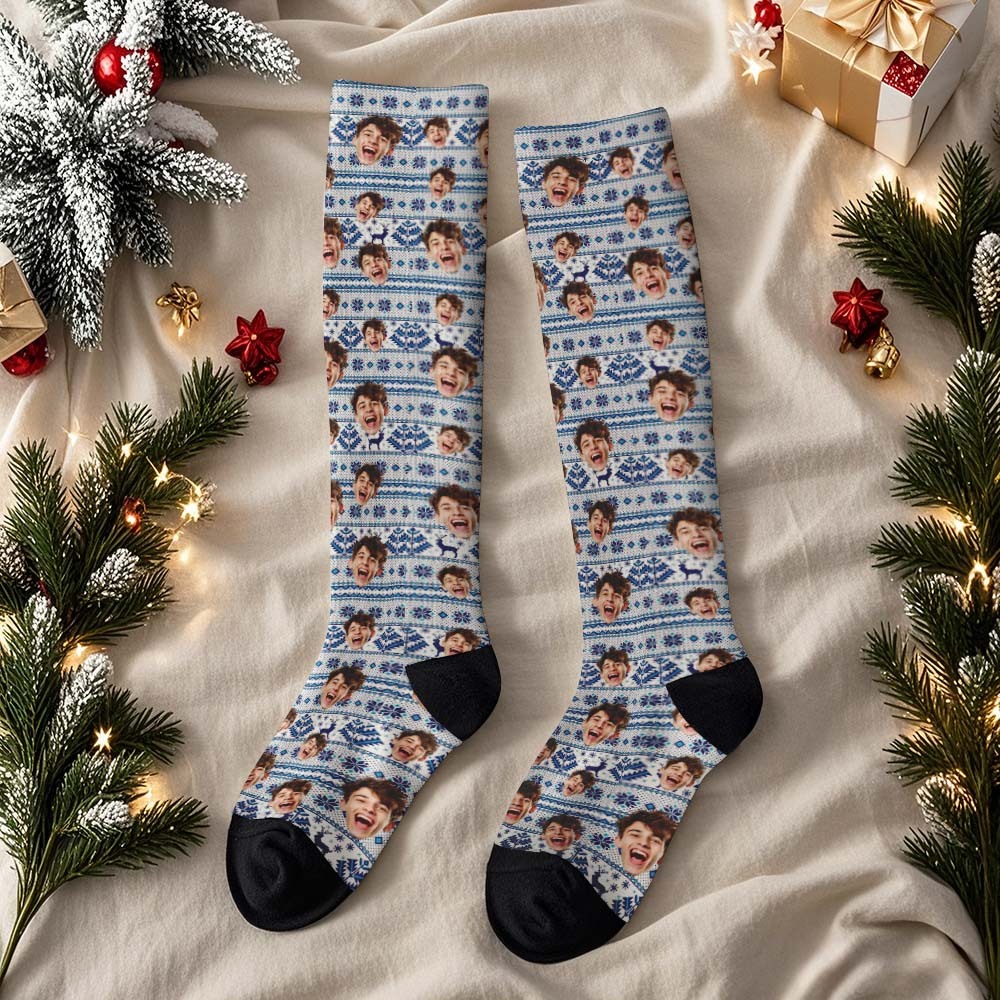 Christmas Gifts Custom Face Knee High Socks Personalized Xmas Socks Merry Christmas Blue - MyFaceUnderwearAU
