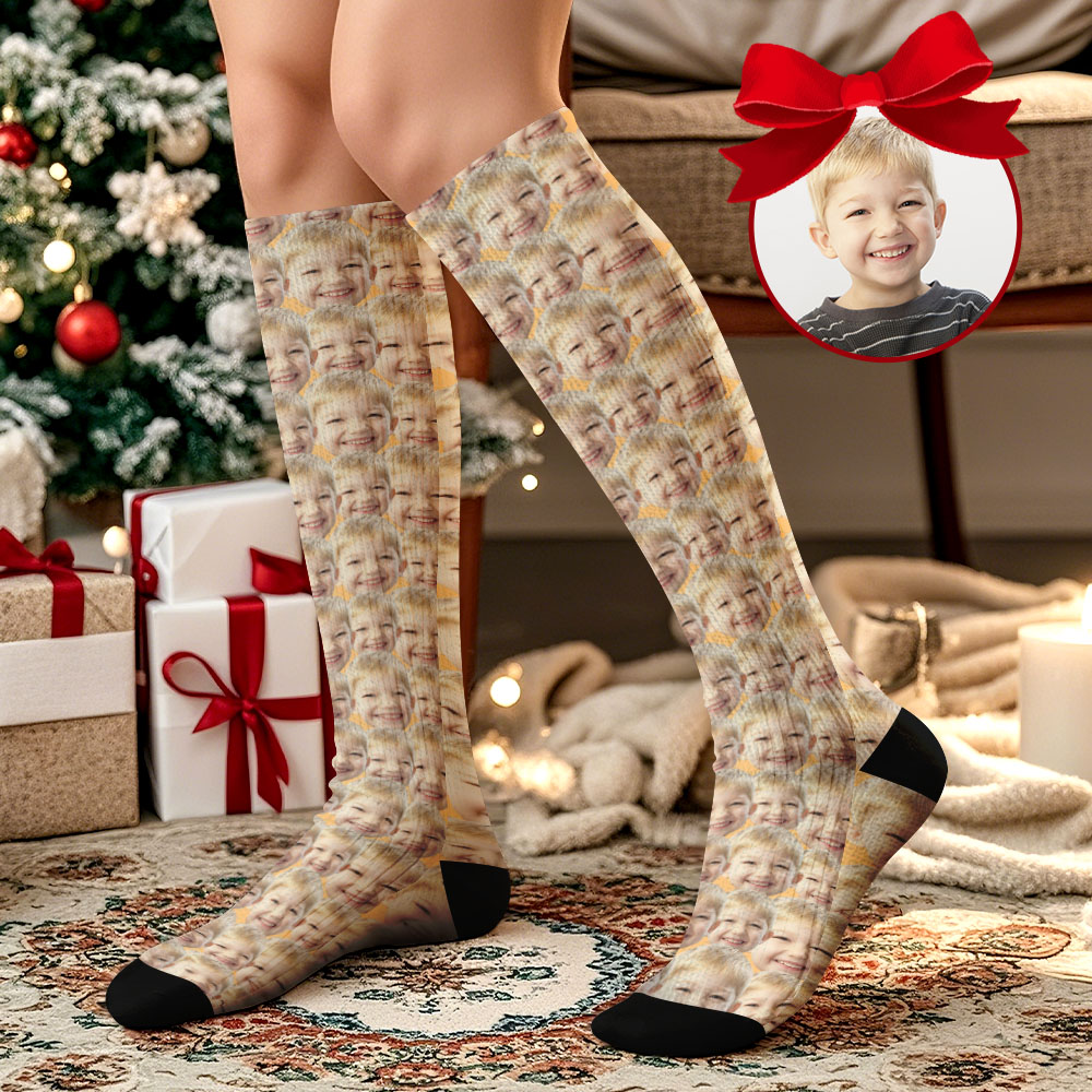 Christmas Gifts Custom Face Knee High Socks Personalized Xmas Socks Merry Christmas Heart Full Face