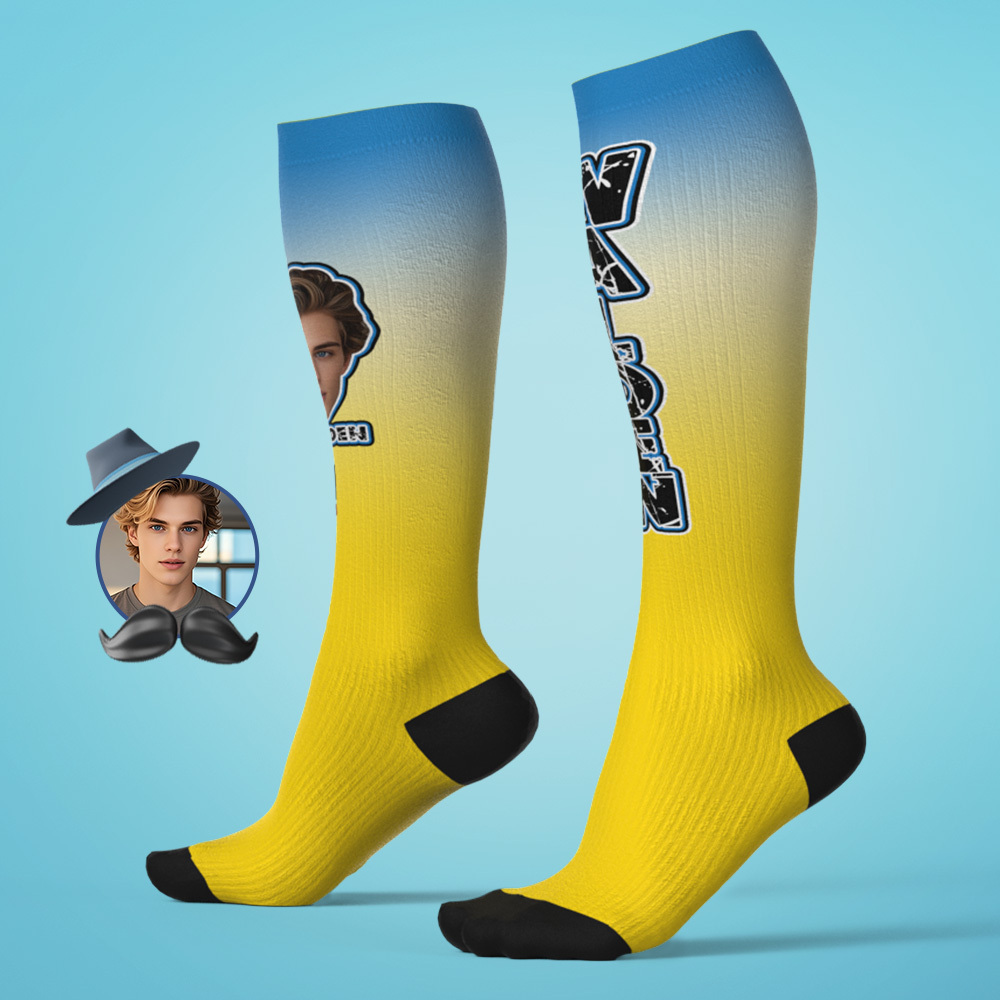 Custom Athletic Knee High Socks Gradient Blue And Yellow High Socks Personalized Compression Socks Face and Text Knee High Socks - MyFaceUnderwearAU