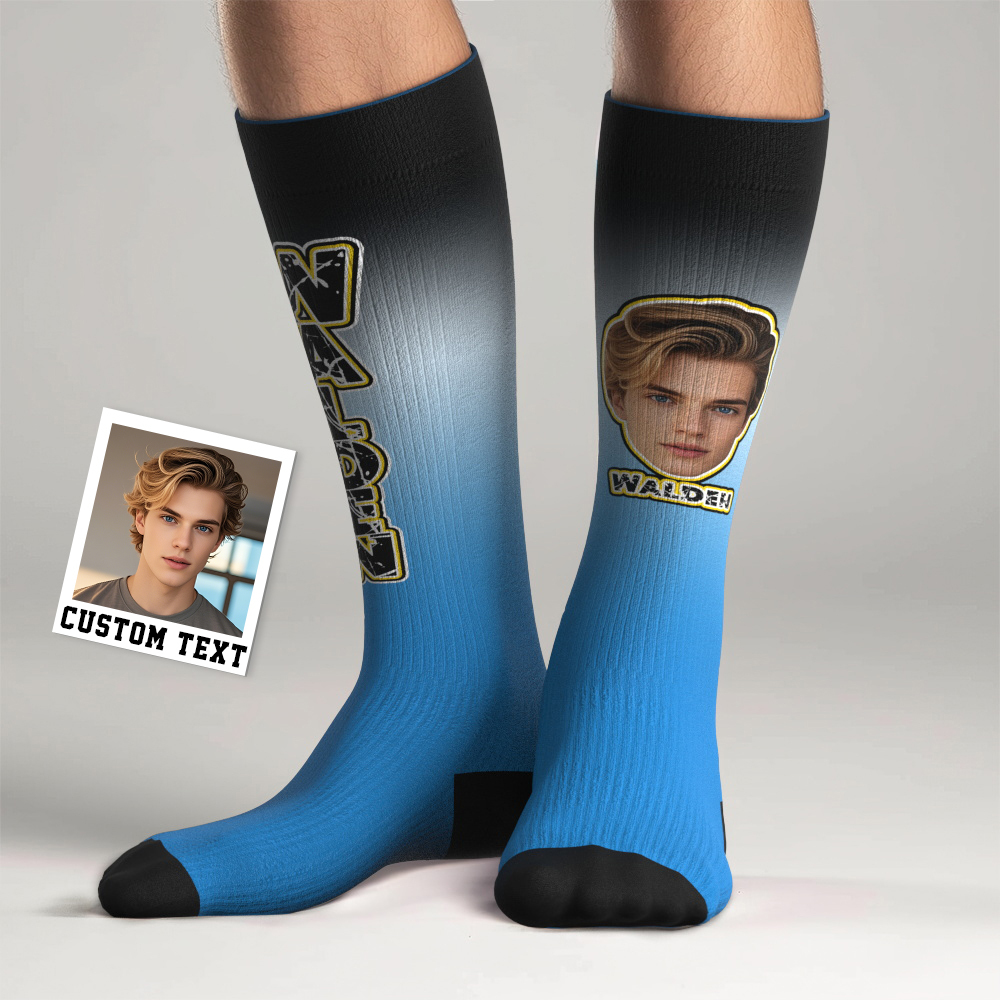 Custom Athletic Knee High Socks Gradient Blue And Yellow High Socks Personalized Compression Socks Face and Text Knee High Socks - MyFaceUnderwearAU
