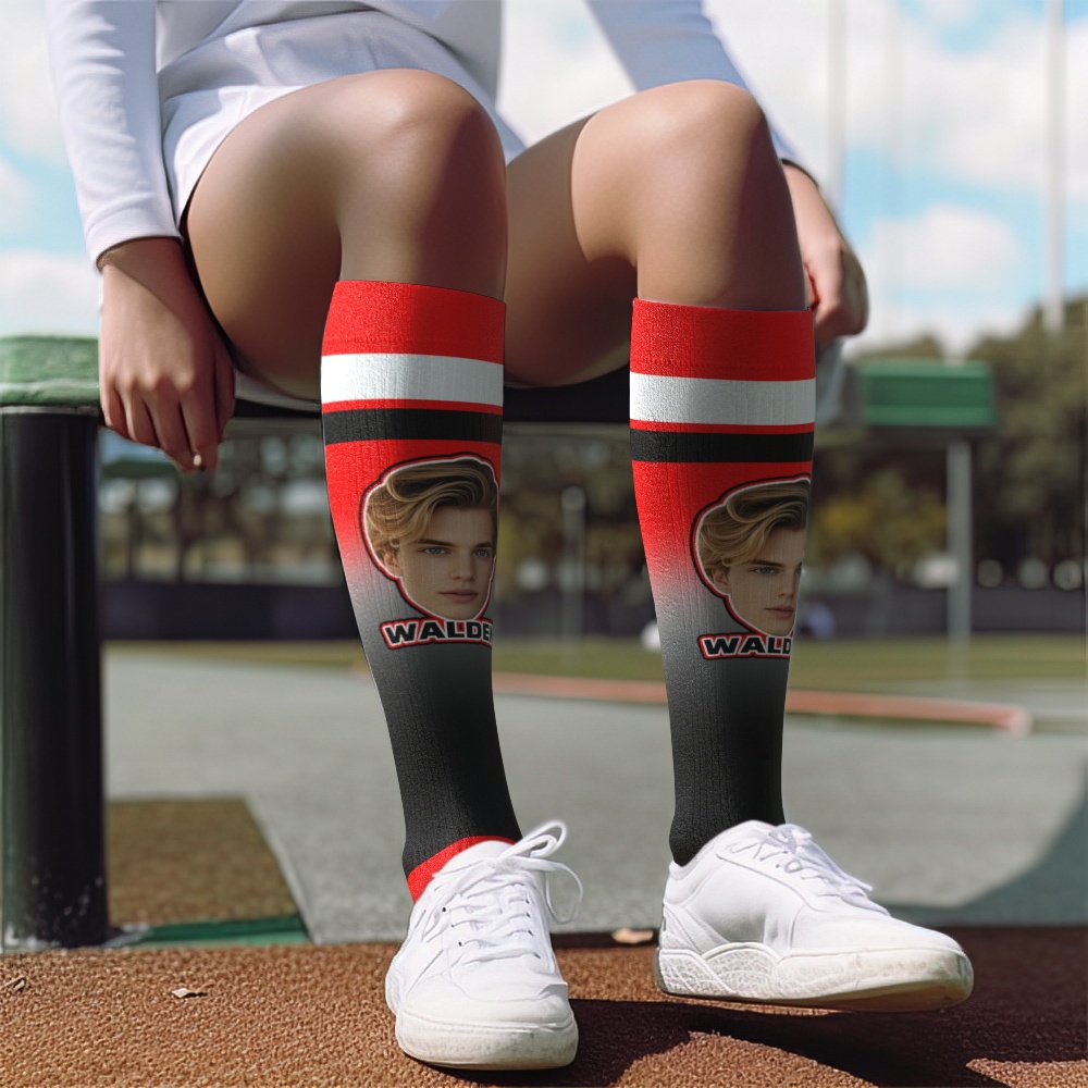 Personalized Athletic Knee High Socks Red Sport High Socks Personalized Compression Socks Face and Text Knee High Socks - MyFaceUnderwearAU