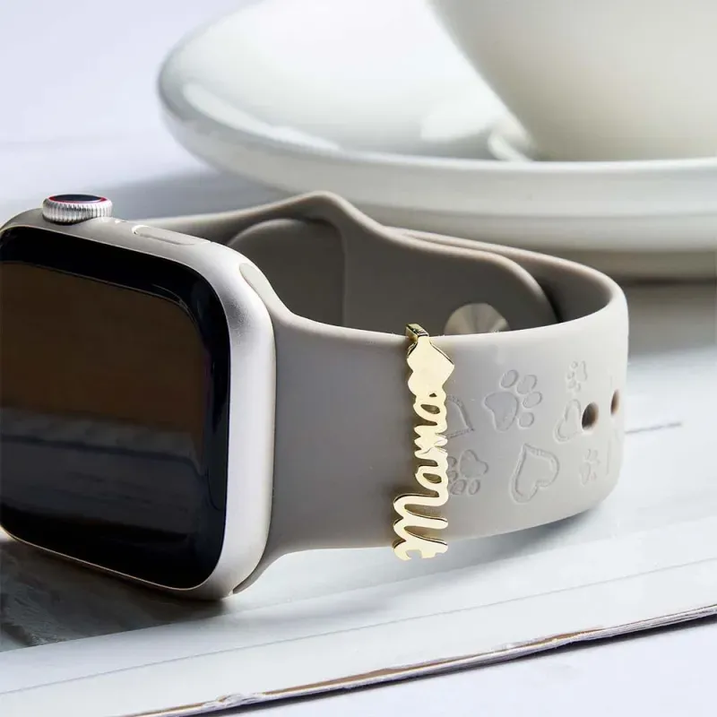 Custom Apple Watch Name Mama Tag Charm, Personalize Smart Watch Straps Charm, Solid Gold Smart Watch Tag, Name Figure Accessories