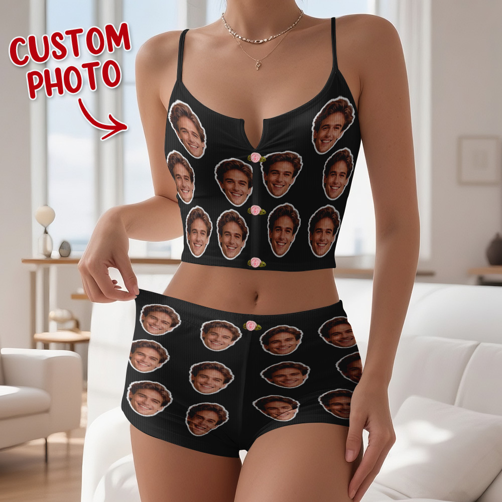 Valentine's Gifts Custom Photo Appliques Notched Neckline Lingerie Set - MyFaceUnderwearAU