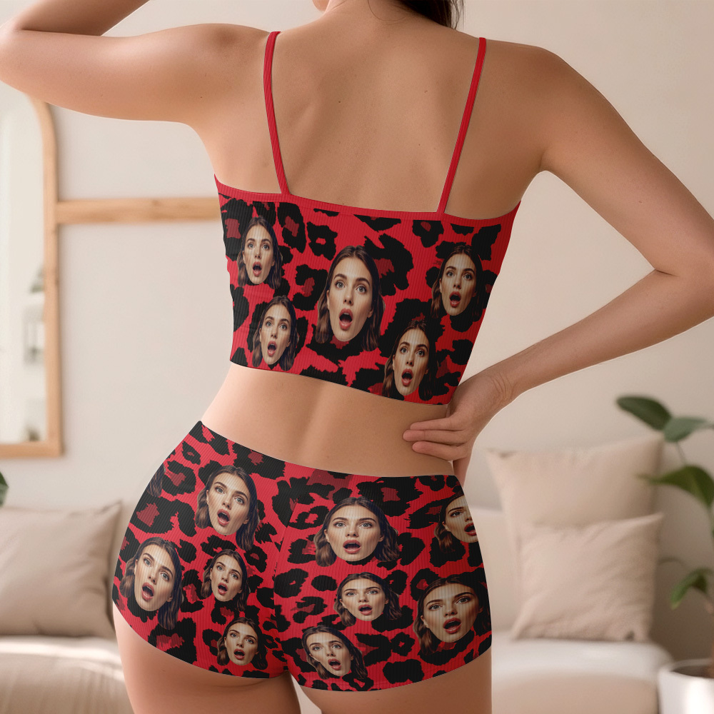Valentine's Gifts Custom Face Appliques Notched Neckline Lingerie Set Leopard Print - MyFaceUnderwearAU