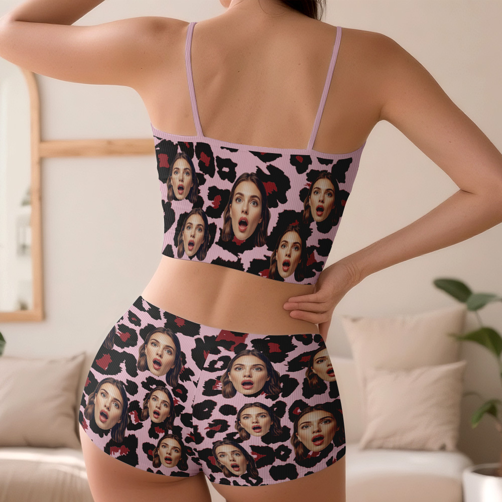 Valentine's Gifts Custom Face Appliques Notched Neckline Lingerie Set Leopard Print - MyFaceUnderwearAU