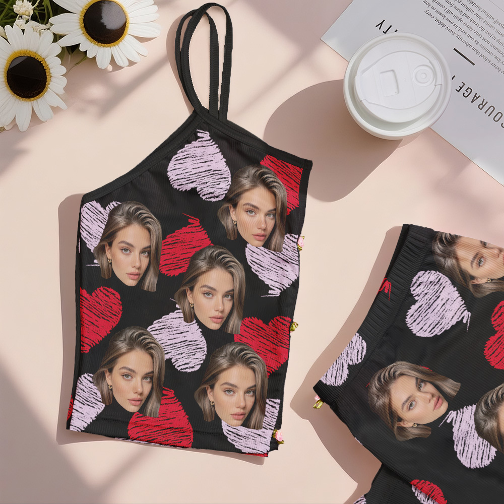 Valentine's Gifts Custom Face Appliques Notched Neckline Lingerie Set Red and Pink Heart - MyFaceUnderwearAU