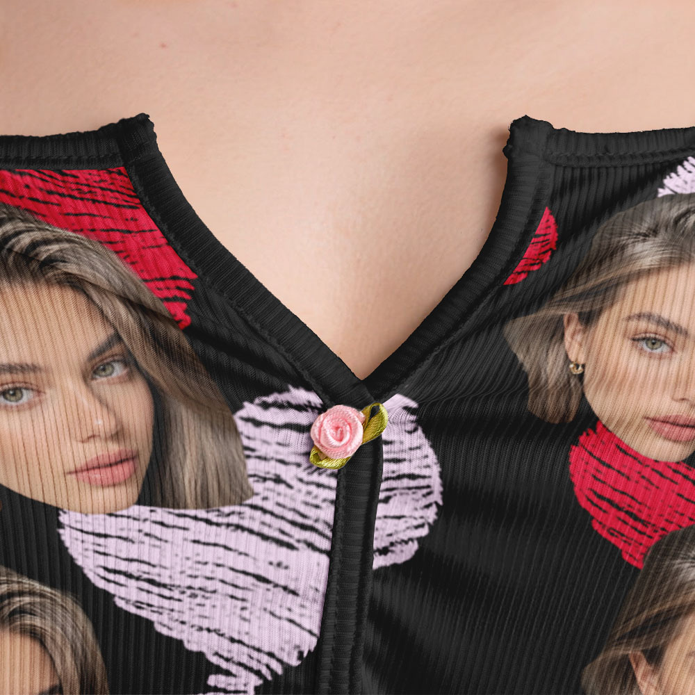 Valentine's Gifts Custom Face Appliques Notched Neckline Lingerie Set Red and Pink Heart - MyFaceUnderwearAU