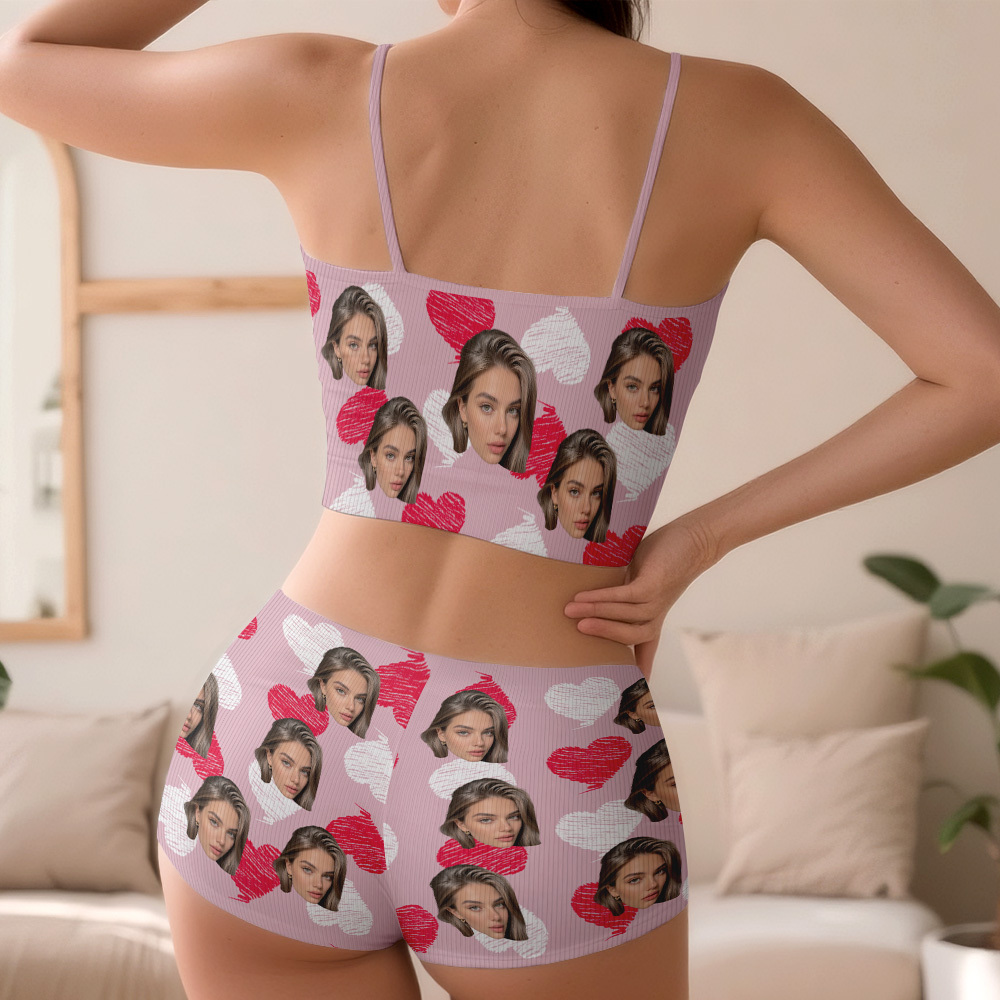 Valentine's Gifts Custom Face Appliques Notched Neckline Lingerie Set Red and Pink Heart - MyFaceUnderwearAU