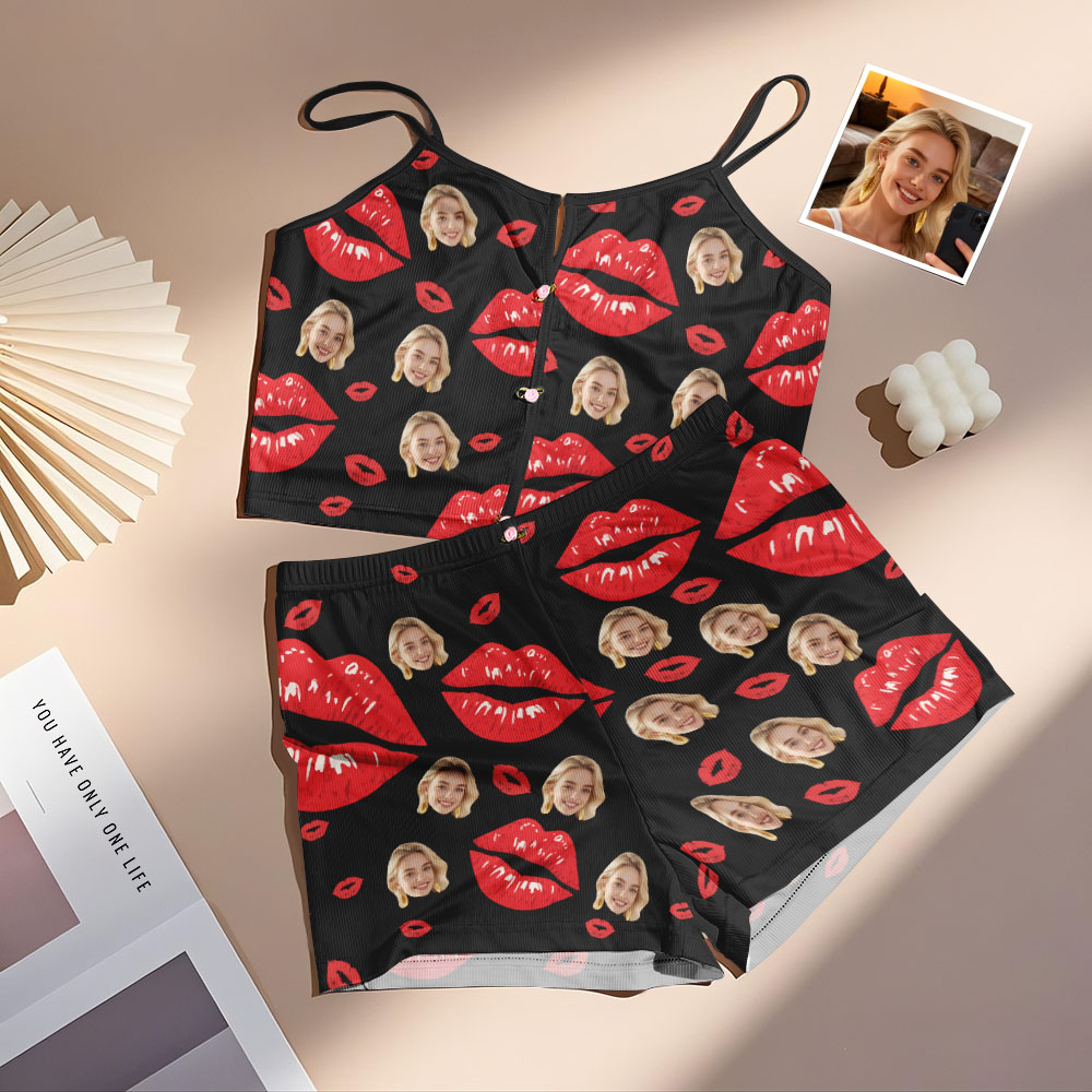 Valentine's Gifts Custom Face Appliques Notched Neckline Lingerie Set Red Lips