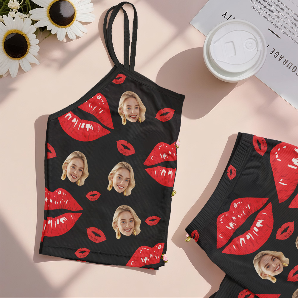 Valentine's Gifts Custom Face Appliques Notched Neckline Lingerie Set Red Lips - MyFaceUnderwearAU