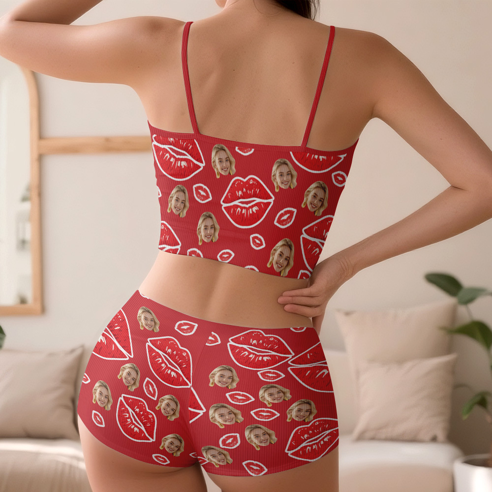Valentine's Gifts Custom Face Appliques Notched Neckline Lingerie Set Red Lips - MyFaceUnderwearAU