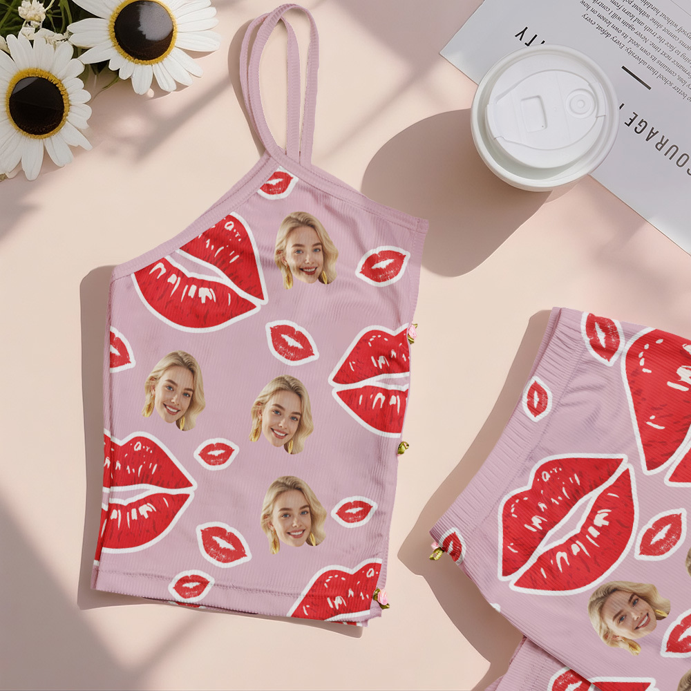 Valentine's Gifts Custom Face Appliques Notched Neckline Lingerie Set Red Lips - MyFaceUnderwearAU