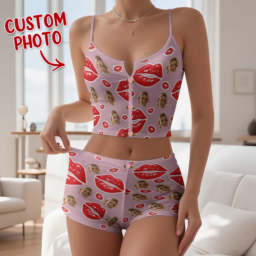 Valentine's Gifts Custom Face Appliques Notched Neckline Lingerie Set Red Lips - MyFaceUnderwearAU