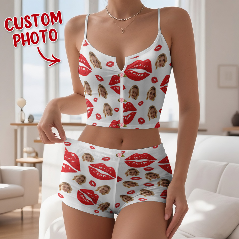 Valentine's Gifts Custom Face Appliques Notched Neckline Lingerie Set Red Lips