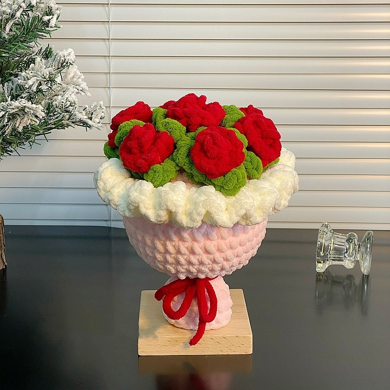 Handmade Diy Woven Ice Line Holding A Rose Bouquet Finished Homemade Crochet Material Mother'S Day Anniversary Gift - MyFaceUnderwearAU