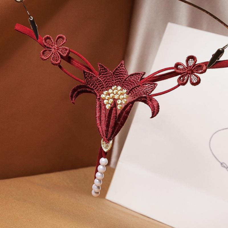 Pearl Thong Underwear - Low Rise Erotic Temptation Panty Flower Beading One Size Panties