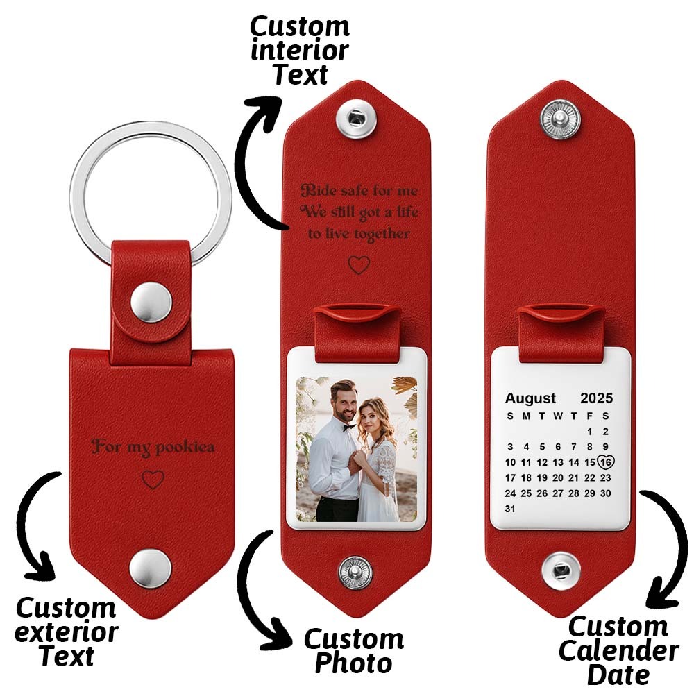 Personalized Photo and Calendar Leather Keychain with Custom Text Christmas Gifts for Him