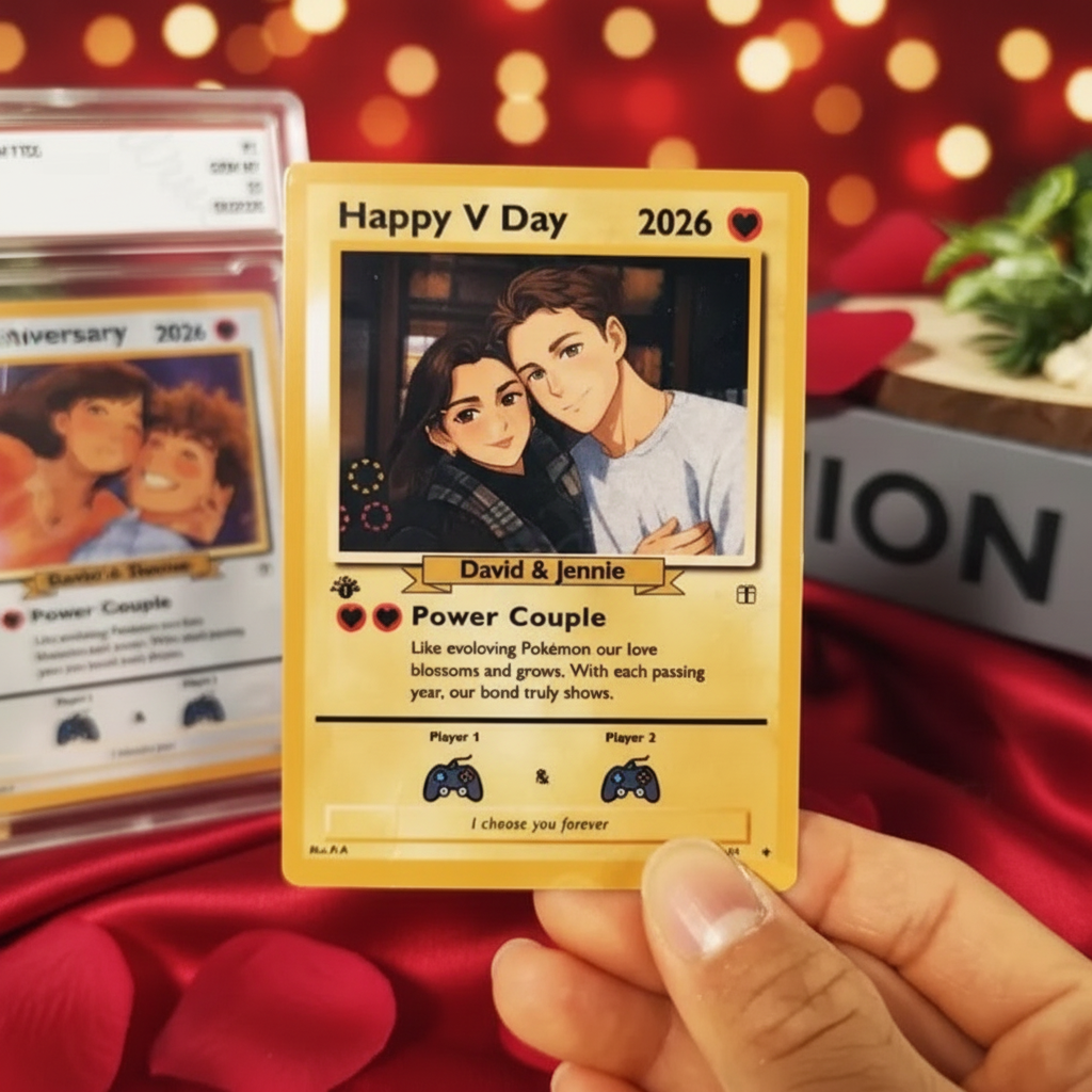 Personalized Valentine's Day Power Couple Card, Custom Anniversary Card Couple Photo Anime Style, Best Valentine's Day Gift for Lover