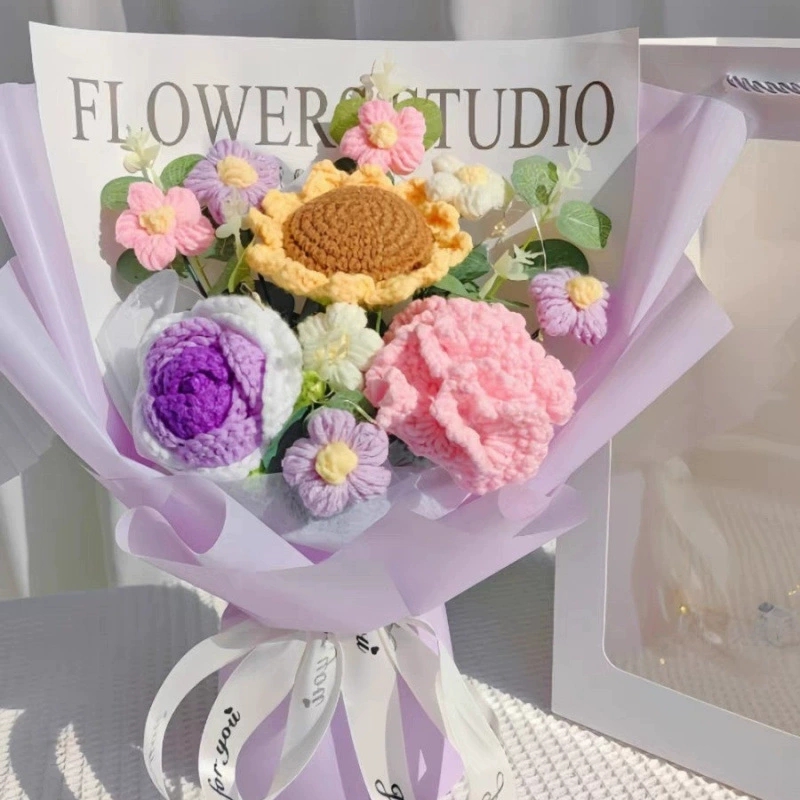 Crochet Flowers Bouquet Handmade Knitted Rose Tulip Bouquet Gift Happy Mother's Day Gift