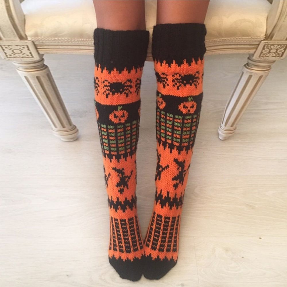 Halloween Orange Spider Witch Pumpkin Over The Knee Tube Pile Of Womens Socks - MyFaceUnderwearAU