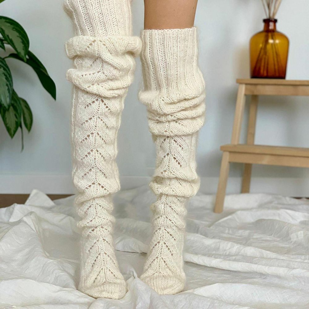 Winter Solid Color Hollow Mesh Long Tube Over The Knee Pile Socks Womens Knitted Socks - MyFaceUnderwearAU