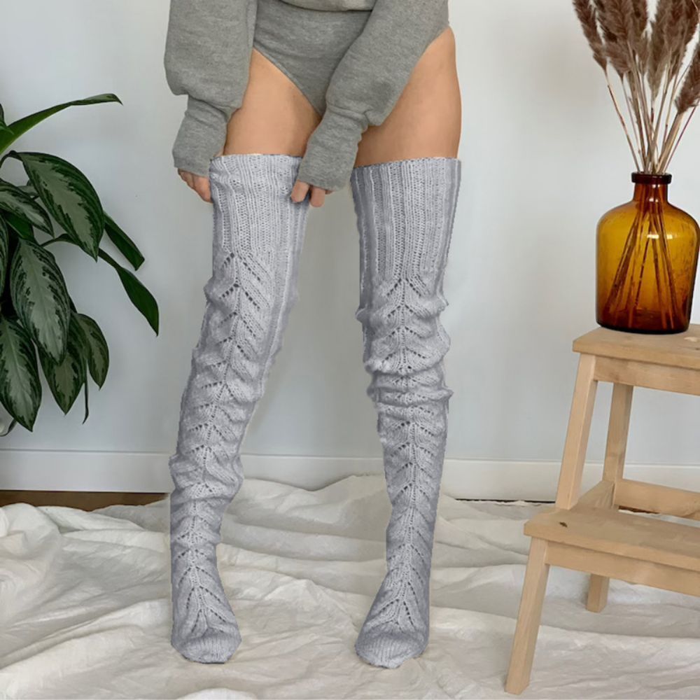 Winter Solid Color Hollow Mesh Long Tube Over The Knee Pile Socks Womens Knitted Socks - MyFaceUnderwearAU