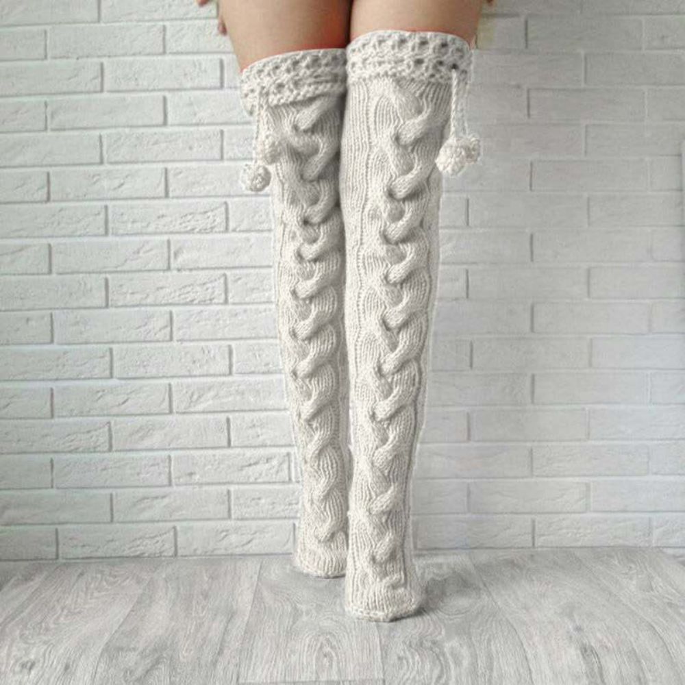 Knitted Garter Hair Ball Over The Knee Long Stockings Pile Pile Wool Socks Women - MyFaceUnderwearAU