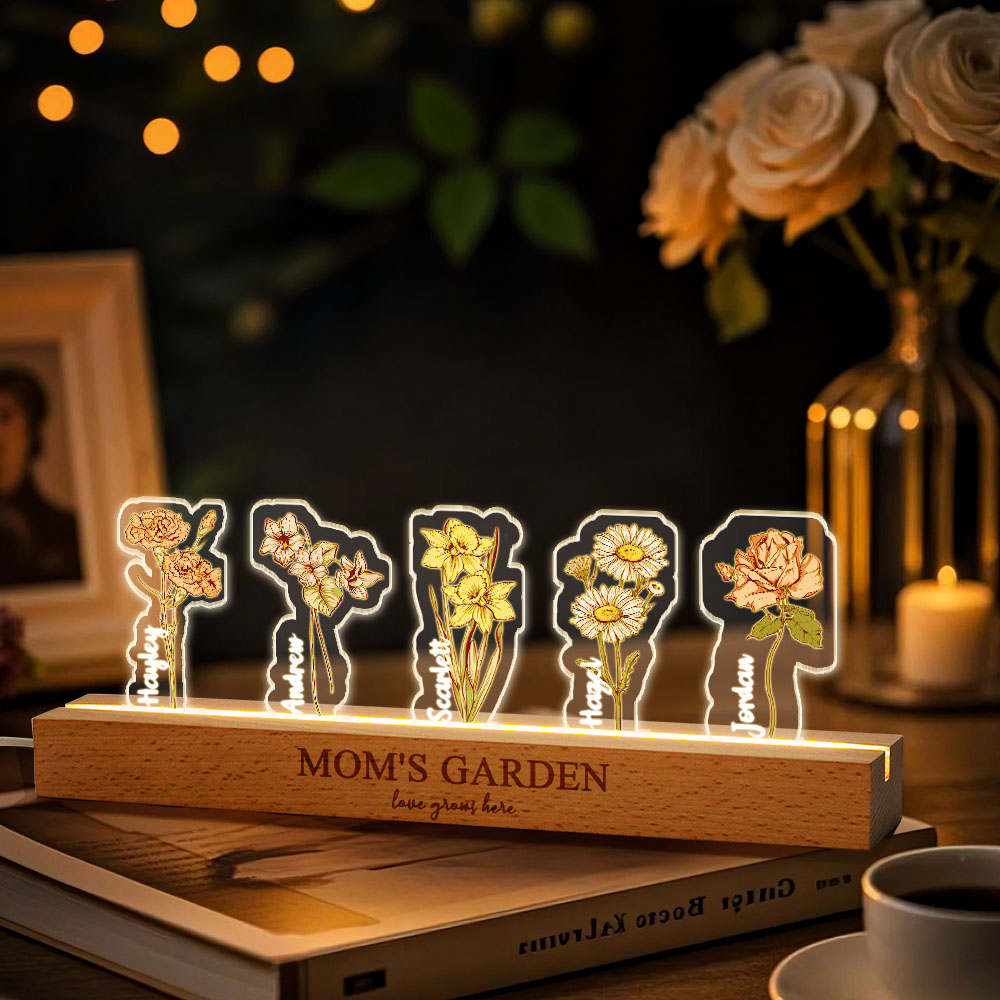 Personalized Birth Flower 3D Crystal Acrylic LED Light With Children's Names Mothers Day Gift