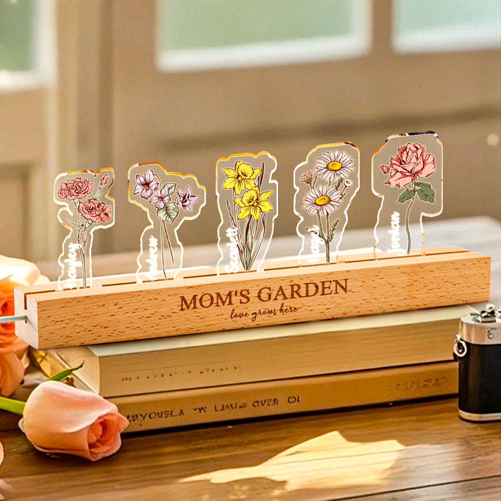 Personalized Birth Flower 3D Crystal Acrylic LED Light With Children's Names Mothers Day Gift