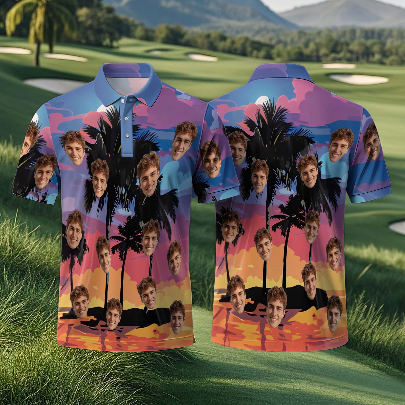 Custom Face Polo Sunset Blue Palm Trees Golf Polo Shirt Text or Not Team Polo Shirt