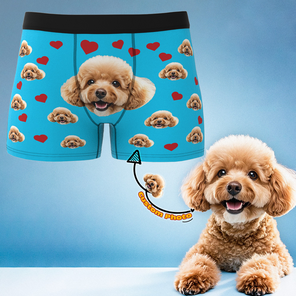Custom Boxers with Pet Photo Men Underwear with Pet Face Personalized Blue Boxer Briefs with Tex Birthday Gift for Pet Dad Valentine's Day - MyFaceUnderwearAU