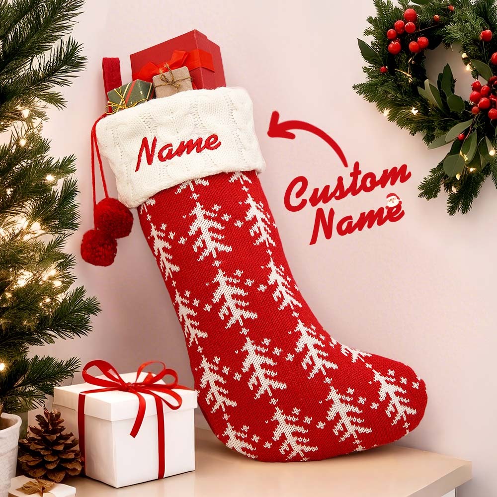 Custom Name Christmas Decoration Knitted Christmas Socks Christmas Red and White Stripes Socks - MyFaceUnderwearAU