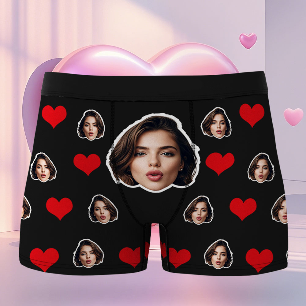 Custom Men's Face Boxer Red Heart Boxers Face Boxer Briefs Personalized Face Boxer Briefs Underwear